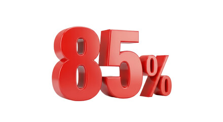 Isolated Eighty-five percent in red, 85% promo sale, 3D render graphic, discount, earnings concept