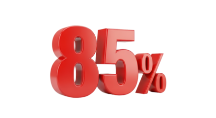 Isolated Eighty-five percent in red, 85% promo sale, 3D render graphic, discount, earnings concept