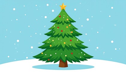 A vibrant Christmas tree, adorned with colorful ornaments, stands tall against a backdrop of falling snow, creating a festive winter scene.