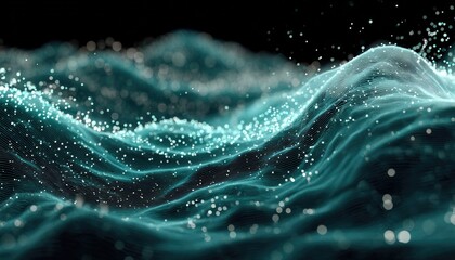 Teal particle waves undulate across a dark background, glowing softly with tiny light points