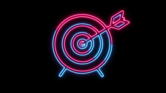 Dynamic neon target icon with an arrow striking the bullseye, symbolizing precision, goal achievement, and strategic success in business and personal endeavors