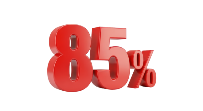 Isolated Eighty-five percent in red, 85% promo sale, 3D render graphic, discount, earnings concept
