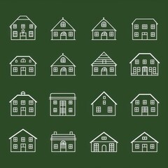 Fototapeta premium A collection of 16 simple, sketched house designs in white on a green background.