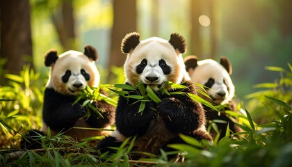 Three pandas eating bamboo in a forest