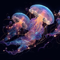 Iridescent Jellyfish Pair Illuminating Dark Ocean Depths with Magical Glow and Sparkling Trails.