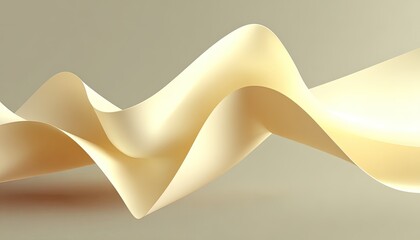 Cream-colored, flowing ribbon-like form twists and curves across a muted beige background, creating a sense of movement and fluidity.  