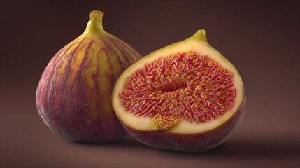 Two figs, one whole and one half, displayed against a dark brown backdrop.  The whole fig is purplish-red with subtle striping. The halved fig reveals a network 