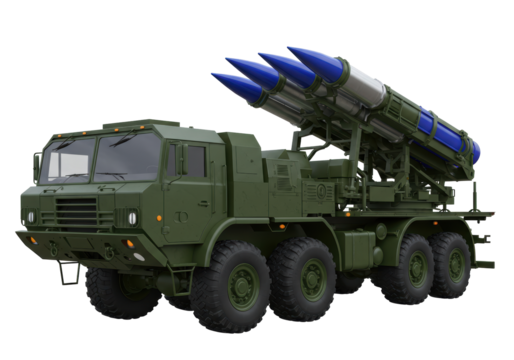 Isolated Russian military missile launcher system with tactical missiles on transport chassis