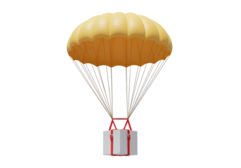 Isolated Parachute with a box being lowered down from the sky, delivery concept