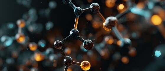 Intricate Molecular Structure Glowing with Amber and Teal Light Amidst Bokeh.