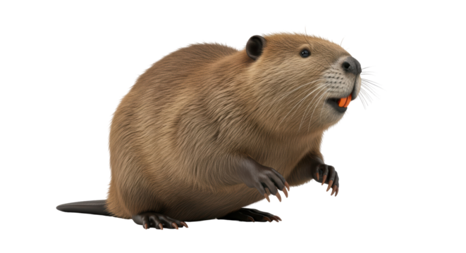 Isolated North American beaver with orange teeth ready to gnaw wood. Rodent with furry coat