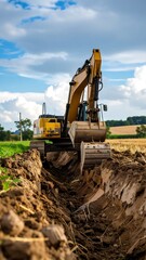 Obraz premium Excavator digs trench in a field under a partly cloudy sky