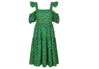 Isolated green floral peasant dress for sale in a fashion catalog or online store