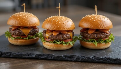 Contemporary Cuisine  These Sleek Mini Burgers Rest Upon a Minimalist Dark Slate Platform