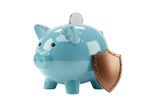 Isolated piggy bank with shield, protecting money to ensure savings goals are met soon