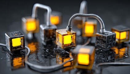 Cluster of glowing, metallic cubes connected by flexible tubes