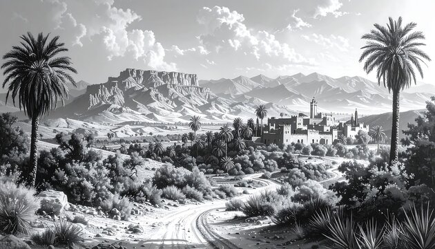 A serene grayscale landscape showcases a desert oasis village nestled amidst towering mountains, with palm trees lining a winding road leading to ancient structures.