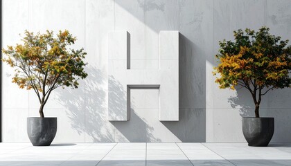 Floating 3D metallic letter H in a mountain valley with mist, pine trees, and wildflowers.