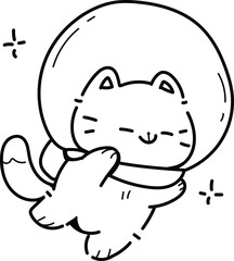 Adorable Smiling Cat in a Space Helmet, Floating Happily, Cute Doodle Illustration