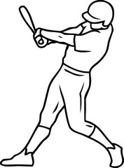 Linear outline vector of a baseball player swinging a bat sports silhouette on transparent background.