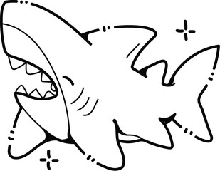 Cartoon Shark with Open Mouth and Sharp Teeth, Black and White Outline