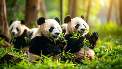 Three pandas eating bamboo in a lush forest