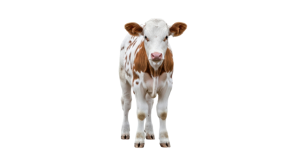 Isolated young calf stands, pale color, spotted coat, sweet, inquisitive and cute