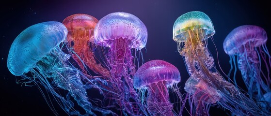 Kaleidoscopic Bloom of Luminous Jellyfish Glowing in a Vibrant Underwater Dance.