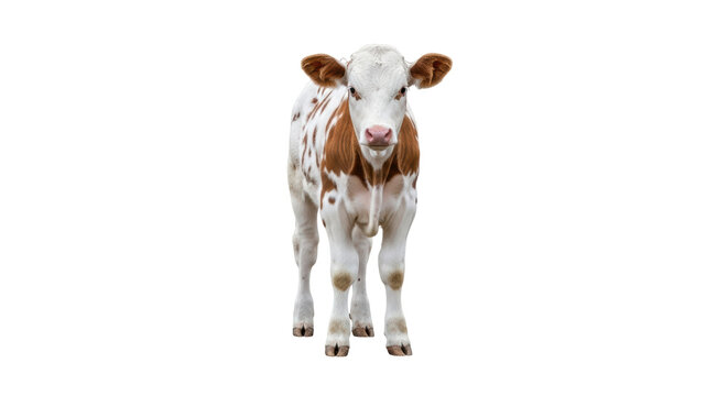 Isolated young calf stands, pale color, spotted coat, sweet, inquisitive and cute