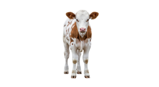 Isolated young calf stands, pale color, spotted coat, sweet, inquisitive and cute