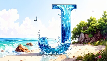 Floating 3D metallic letter J in a mountain valley with mist, pine trees, and wildflowers.