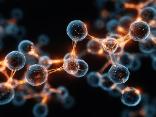 Luminous Molecular Structure with Glowing Interconnections Against Dark Background.