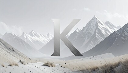 Floating 3D metallic letter K in a mountain valley with mist, pine trees, and wildflowers.