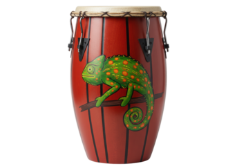 Isolated conga drum with a hand-painted chameleon on its side for percussive music art