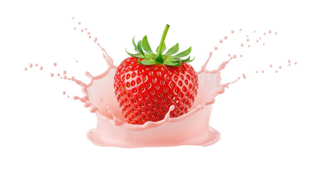 Isolated strawberry fruit splashing into pink liquid, healthy eating for dieting and breakfast