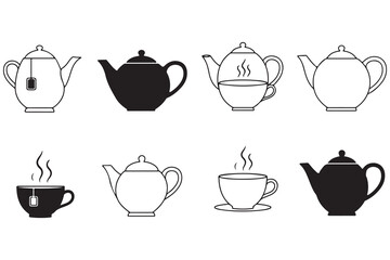 Minimalist teapot and teacup icons, black and white kitchenware vector set, tea drink outline illustration.eps