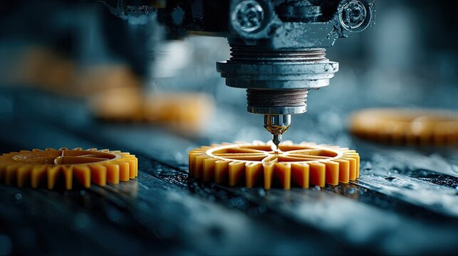 Close-up of industrial machinery precisely applying a substance onto small, yellow plastic gears on a dark metallic surface