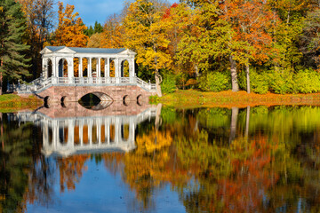 Marble bridge in autumn in Catherine park, Tsarskoe Selo (Pushkin), Saint Petersburg, Russia
