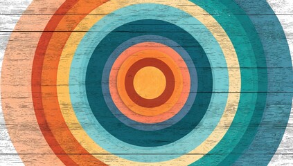 Concentric circles of pastel colors on a rustic wood-plank background