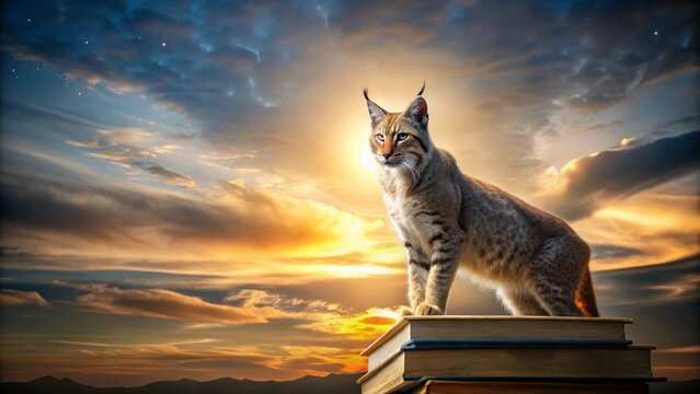 A majestic wildcat perched atop a stack of books at sunset, symbolizing the pursuit of knowledge and wisdom under a vibrant sky