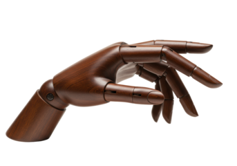 Isolated wooden hand mannequin, artist figure, anatomical reference, dark brown finish