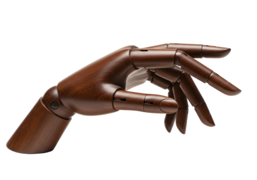 Isolated wooden hand mannequin, artist figure, anatomical reference, dark brown finish