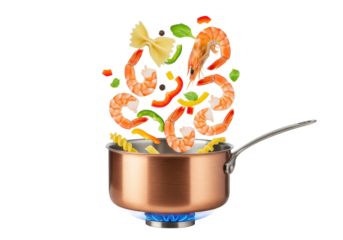 Isolated pan of mixed pasta, shrimp, vegetables being cooked on a gas stove burner
