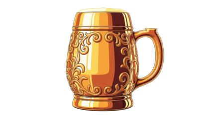 Isolated decorated beer stein with beer, classic German drinking vessel made of gold