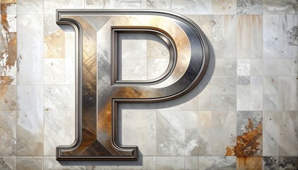 Floating 3D metallic letter P in a mountain valley with mist, pine trees, and wildflowers.