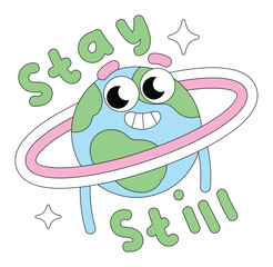 Cheerful Cartoon Earth with Ring, Smiling Face, and 