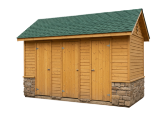 Isolated wooden shed structure with green shingles, no background, landscape layout