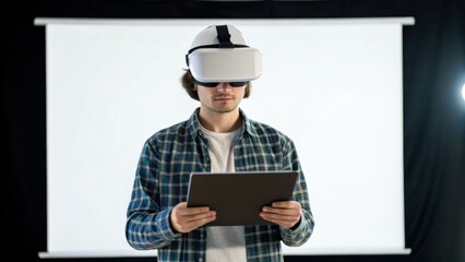 A young man wearing a virtual reality headset holds a tablet, engaged in an immersive digital experience against a plain backdrop.