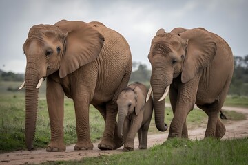 Adorable baby elephant walks protectively between adult elephants in African savanna landscape