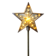 A glowing starshaped christmas tree topper with illuminated lights, mounted on a pole and isolated on a transparent background